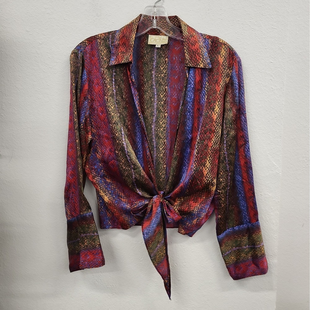 Cache Long Sleeve Front Knot Snake Print Silk Top Multicolor Size Large